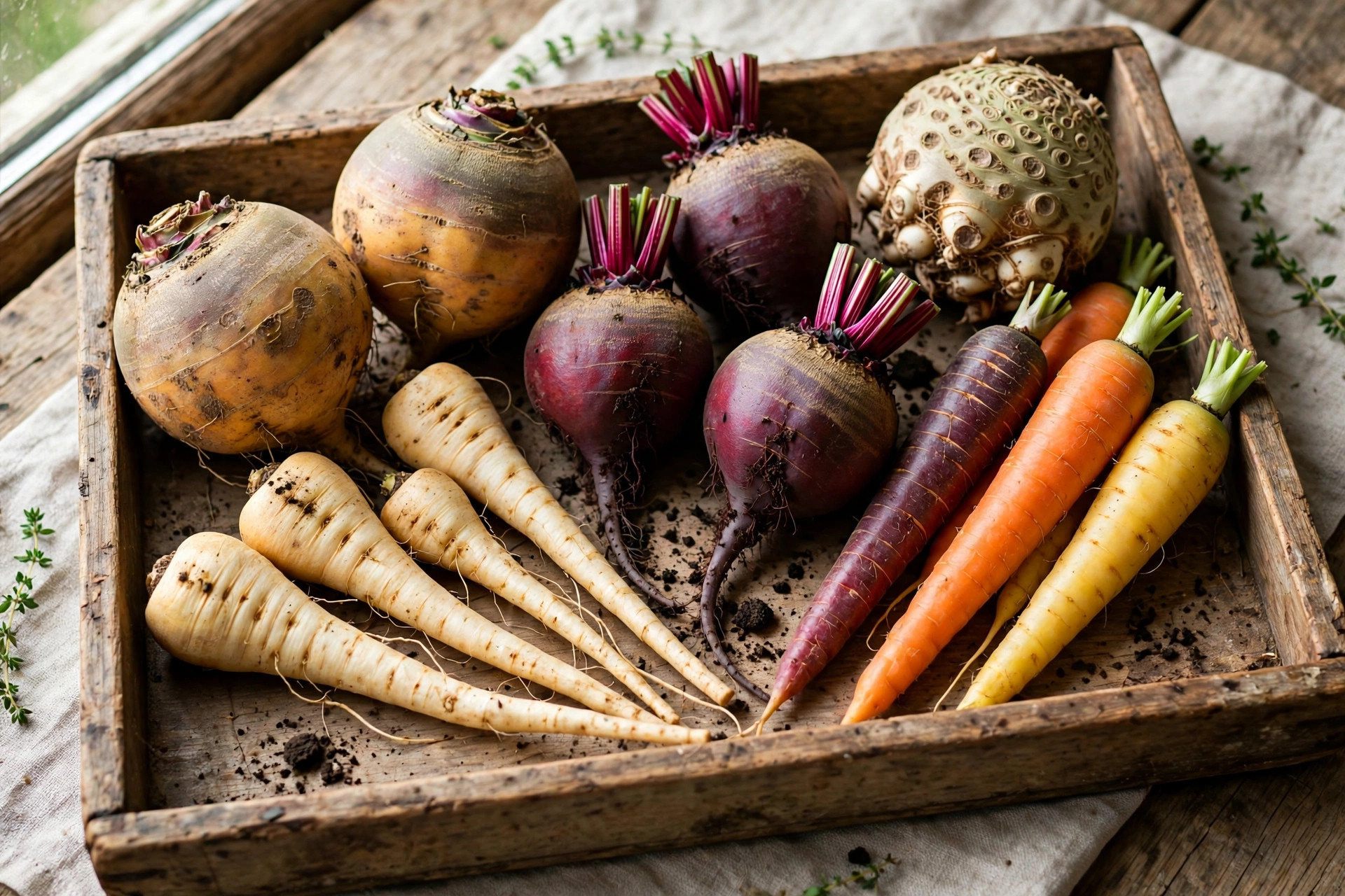 A rustic tray of colourful heirloom root vegetables, including rutabaga, parsnips, beetroots and carrots, ready for winter cooking