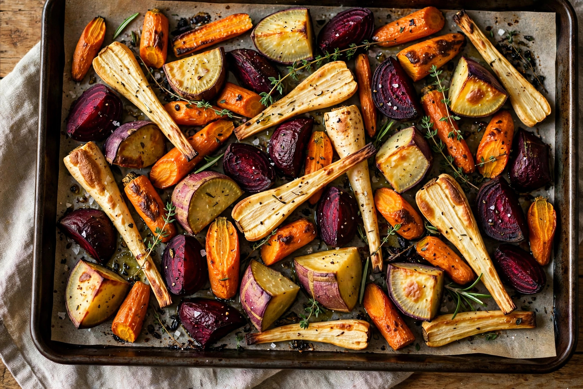 Heirloom root vegetables for winter cooking, stored and ready to roast