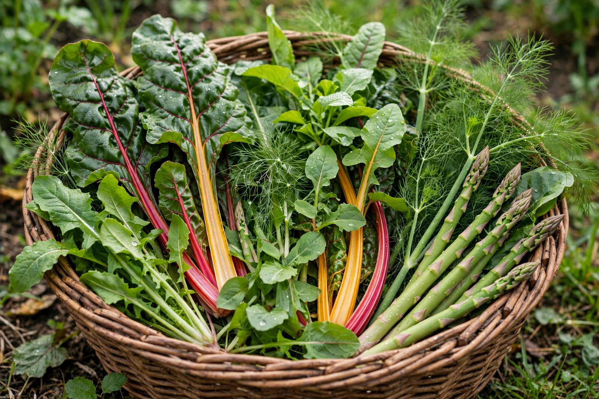 A garden basket filled with forgotten leafy greens and stalks, including chard, sorrel, fennel and asparagus, freshly picked
