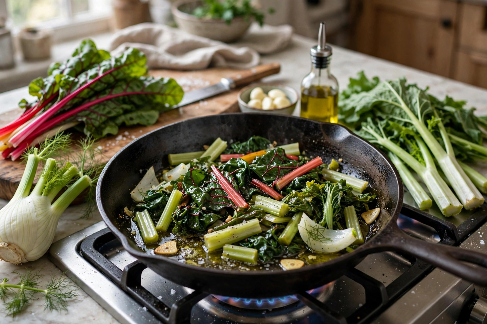 Freshly picked forgotten leafy greens and stalks, including chard, sorrel, fennel and asparagus