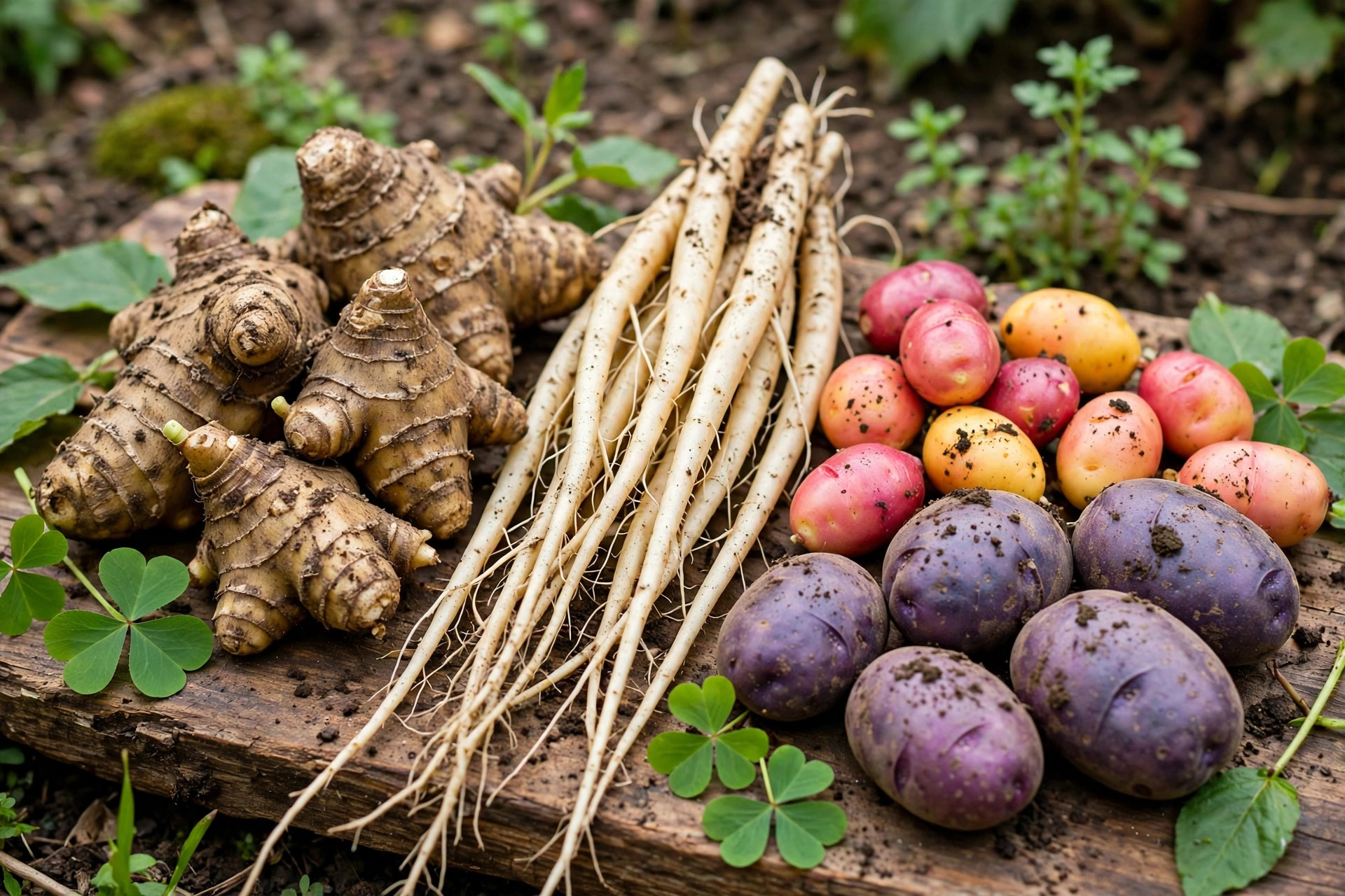 A wooden board of forgotten tubers, including sunchokes, skirret, oca and purple potatoes, freshly harvested from a home garden