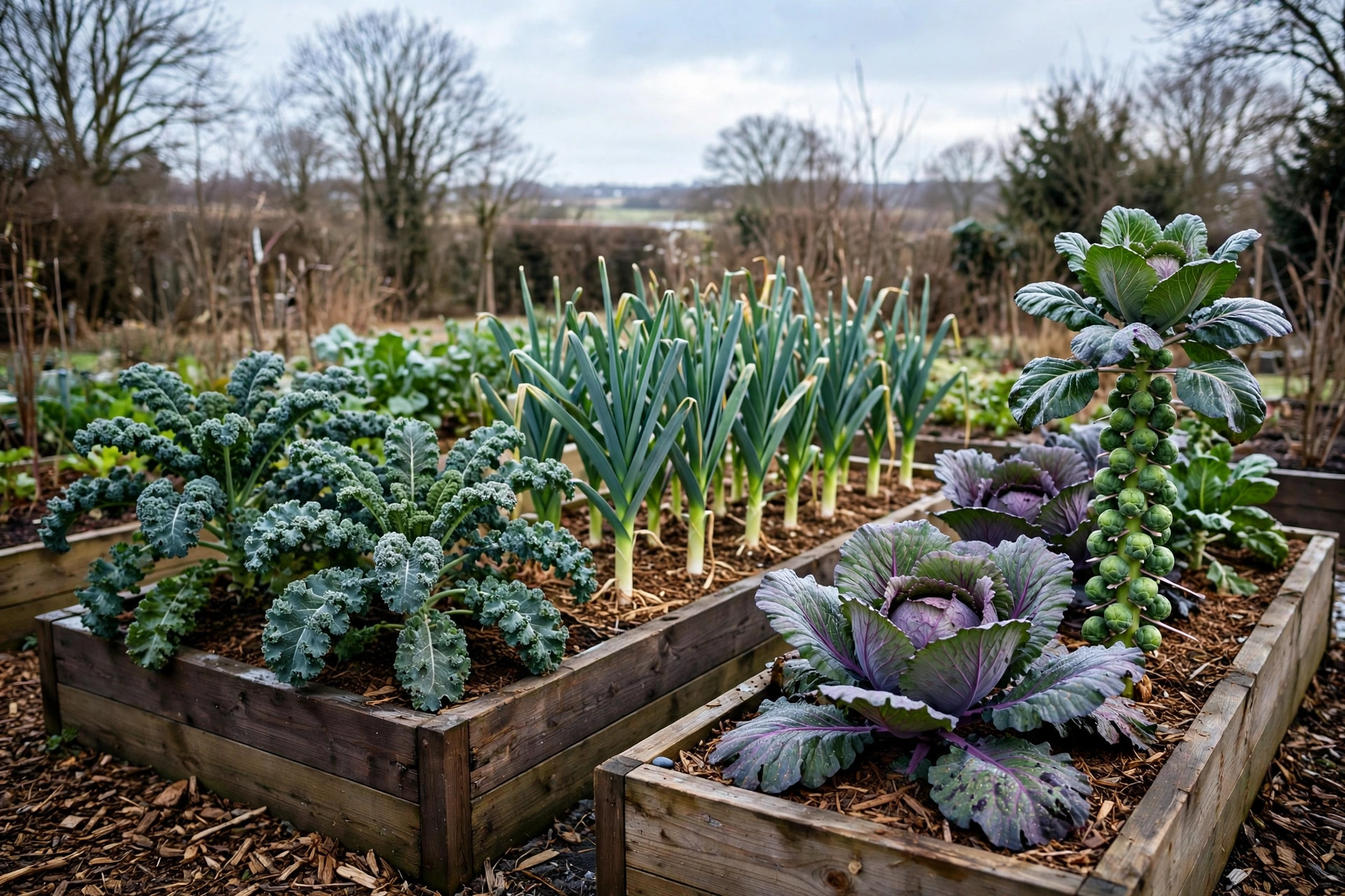 A hardy winter survival garden with kale, leeks, cabbages and root crops growing in raised beds under a cold sky