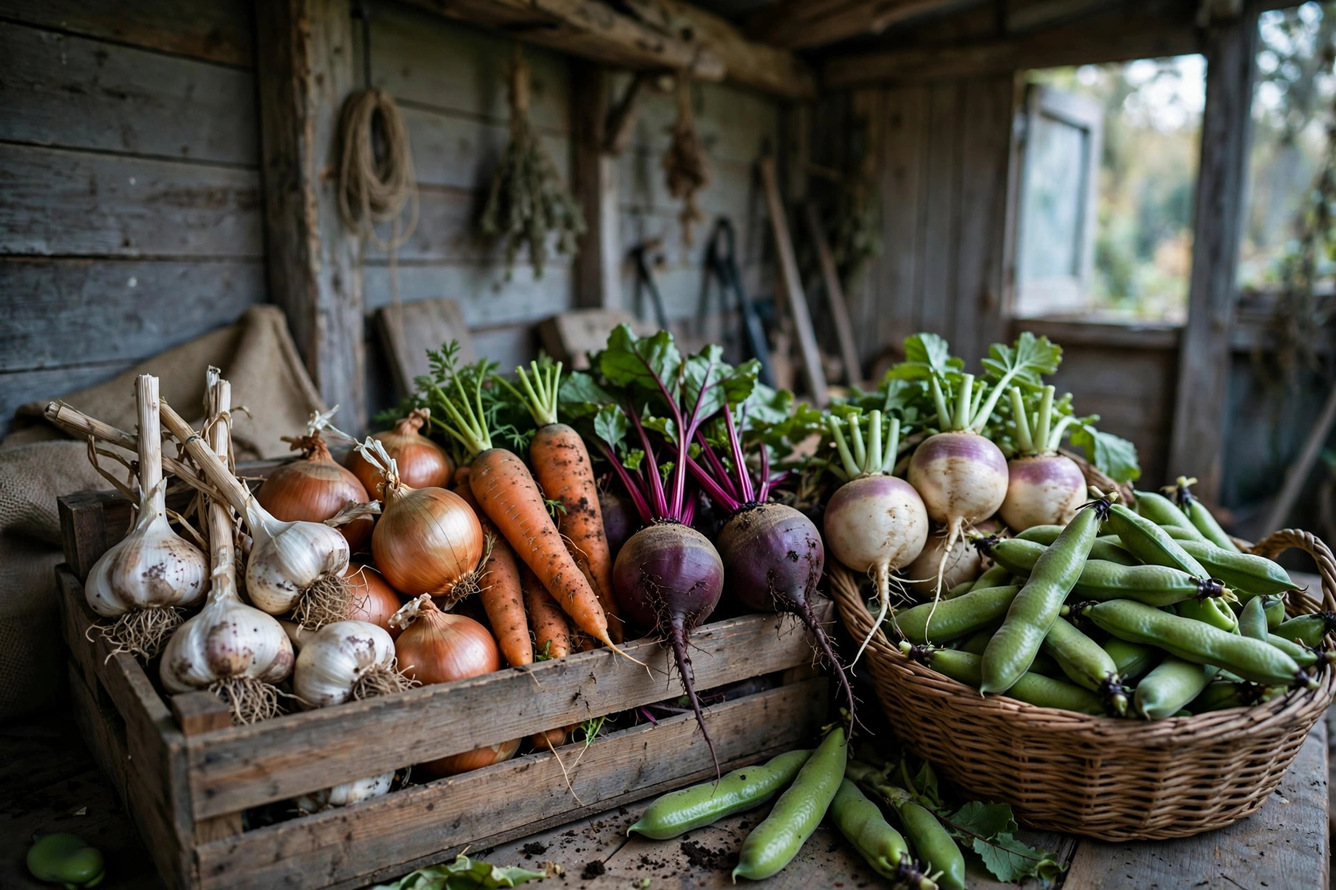 Hardy survival garden crops, including kale, leeks, cabbages and root crops in raised beds