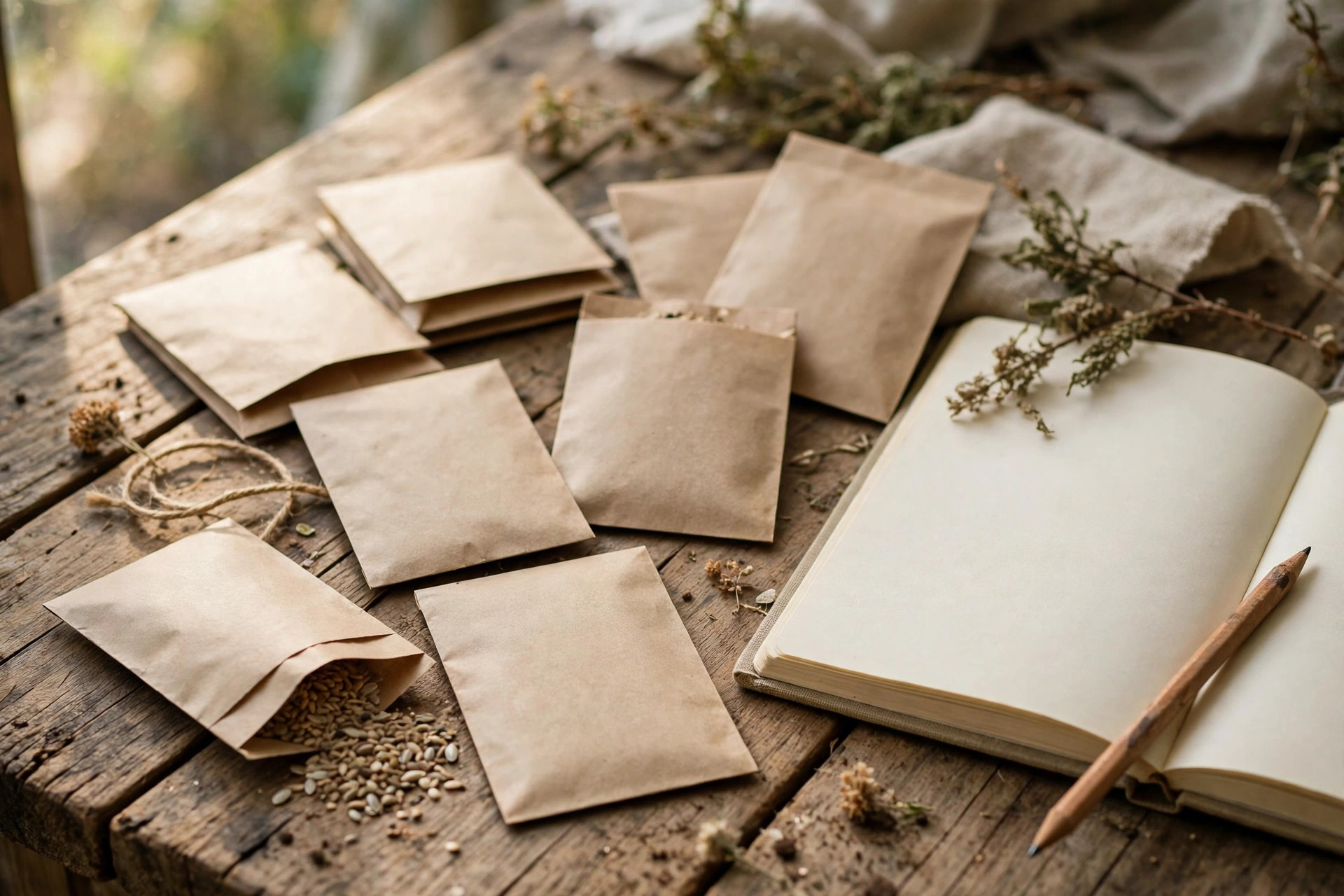 A gardener's seed order checklist with packets of forgotten vegetable seed, a notebook and a garden bed plan on a wooden table