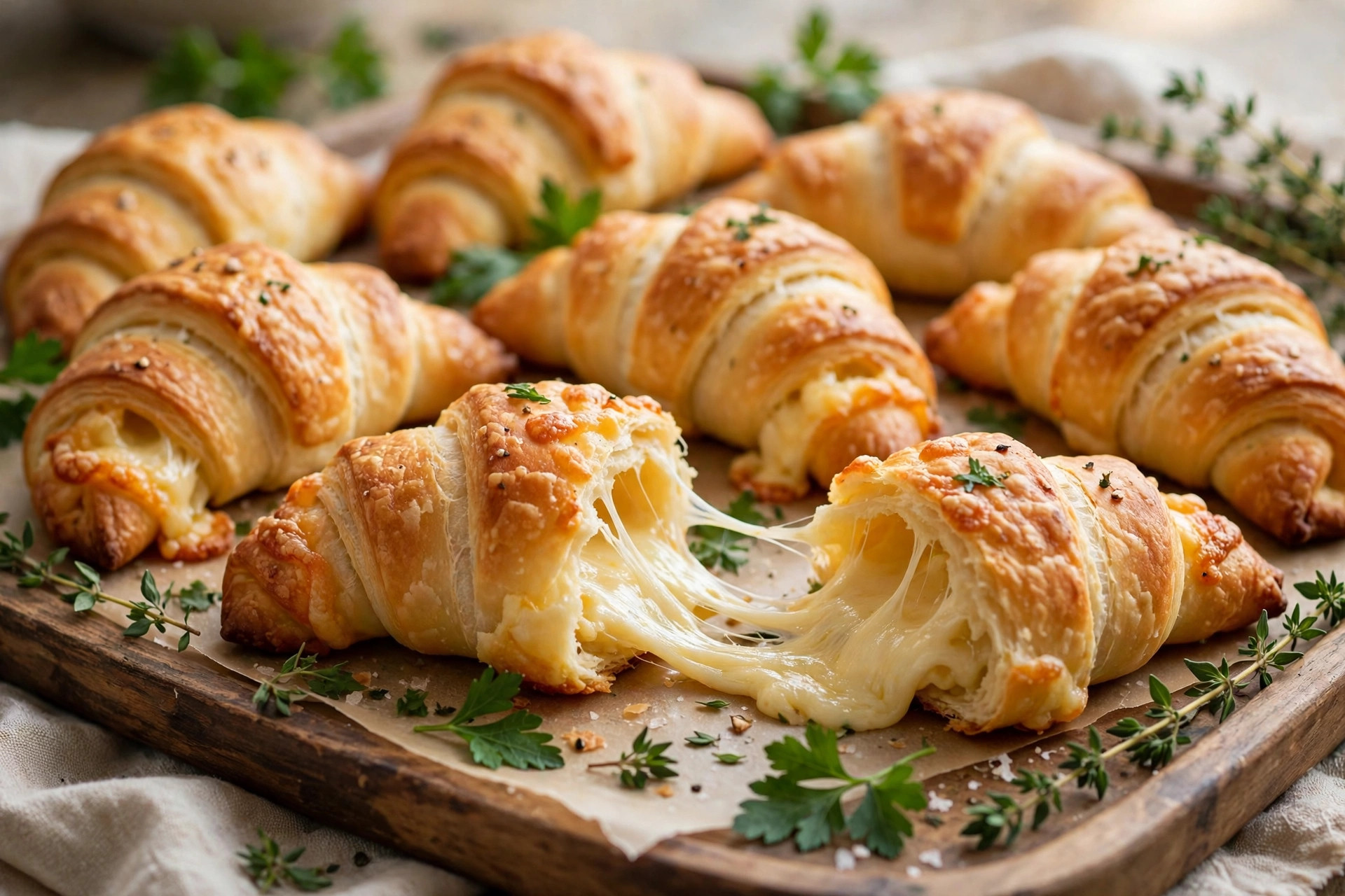 Golden cheese crescent dough rolls on a party tray with melted cheese and fresh herbs