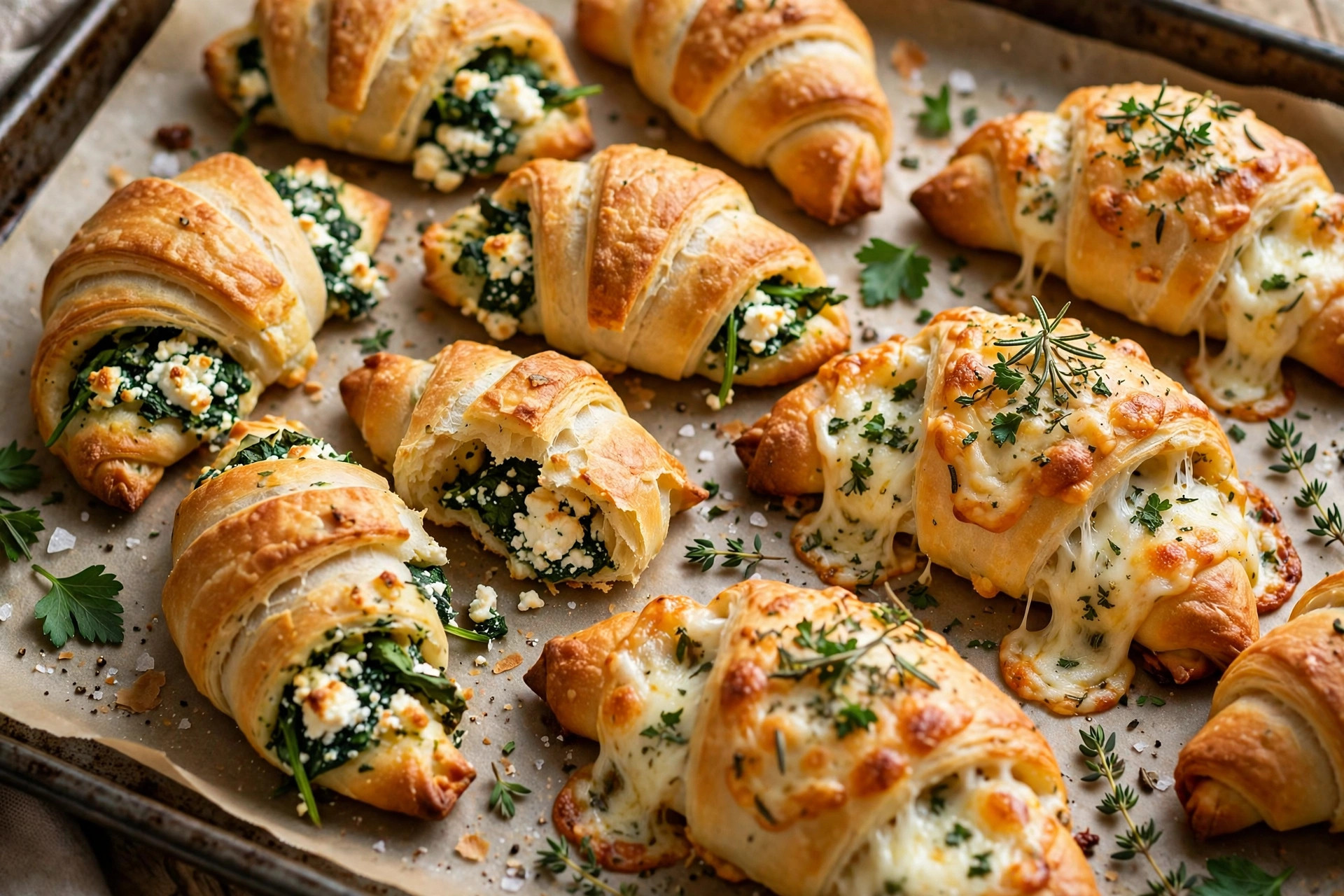 Golden cheese crescent dough rolls on a party tray with melted cheese and fresh herbs