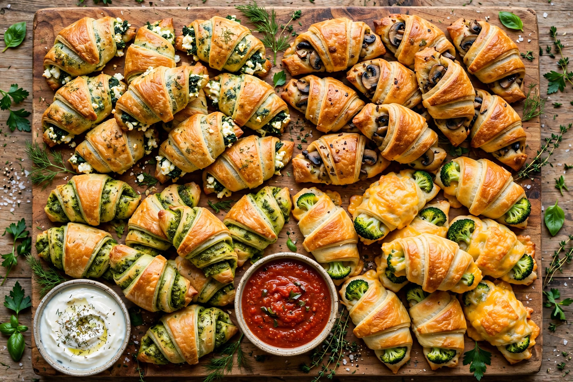 Savory vegetarian crescent dough party tray with golden rolls dips and fresh herbs