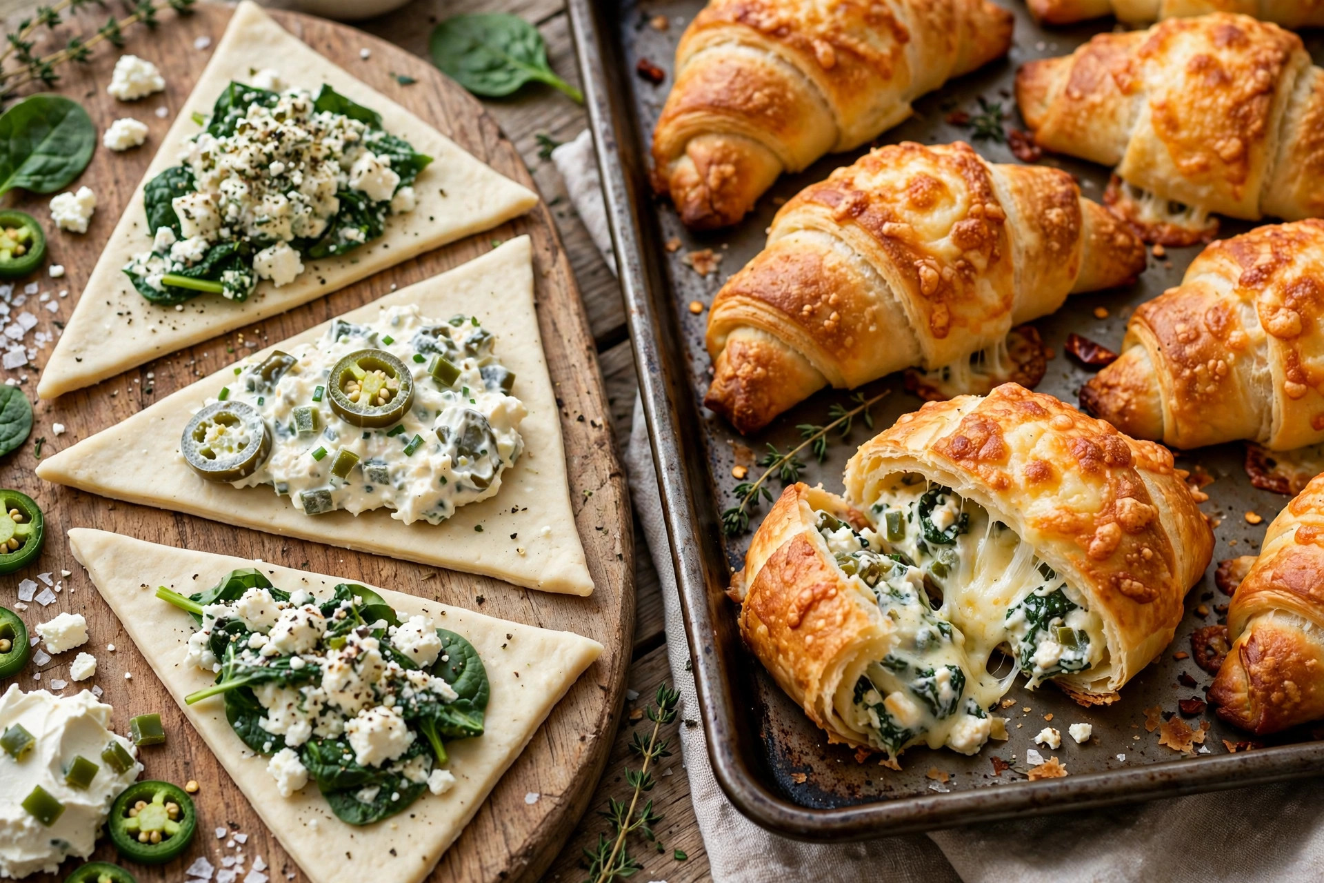Savory vegetarian crescent dough party tray with golden rolls dips and fresh herbs