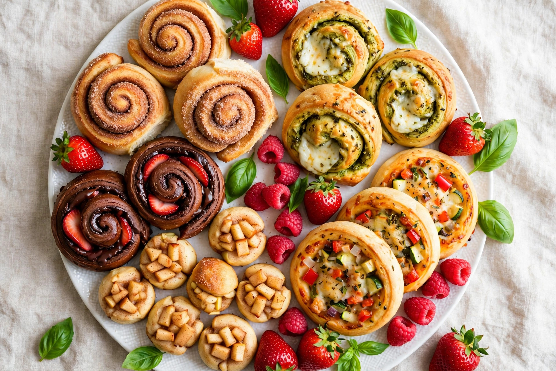 Sweet and savory crescent dough rolls with chocolate fruit cheese herbs on tray