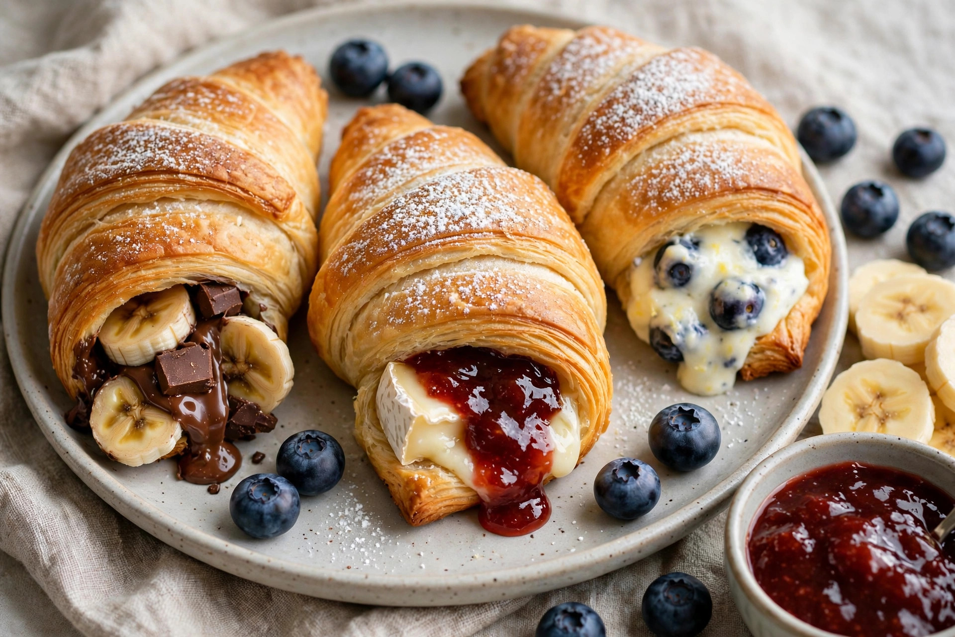 Sweet and savory crescent dough rolls with chocolate fruit cheese herbs on tray