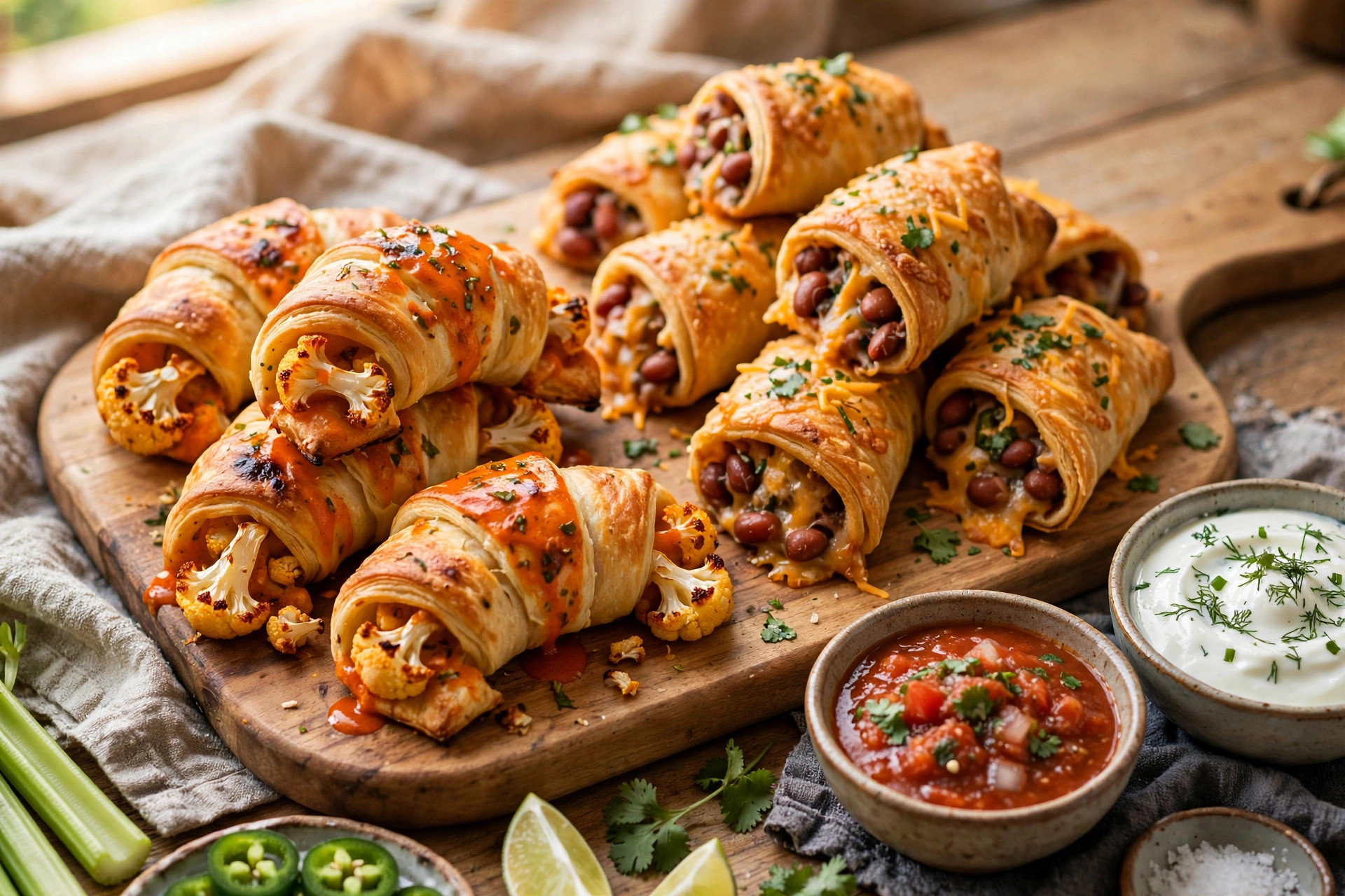 Game day crescent dough wraps with dips cheese vegetables on party table