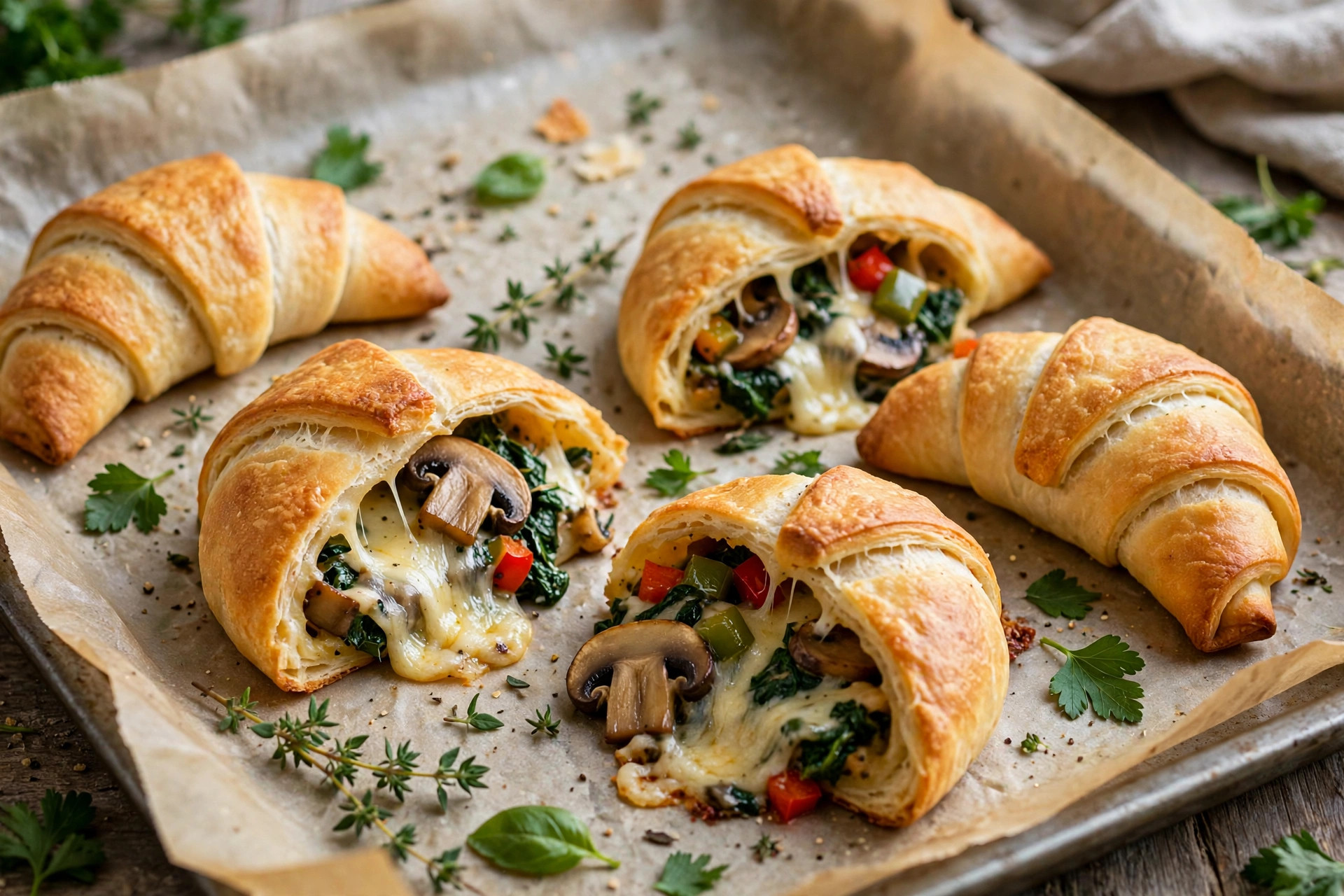 Game day crescent dough wraps with dips cheese vegetables on party table