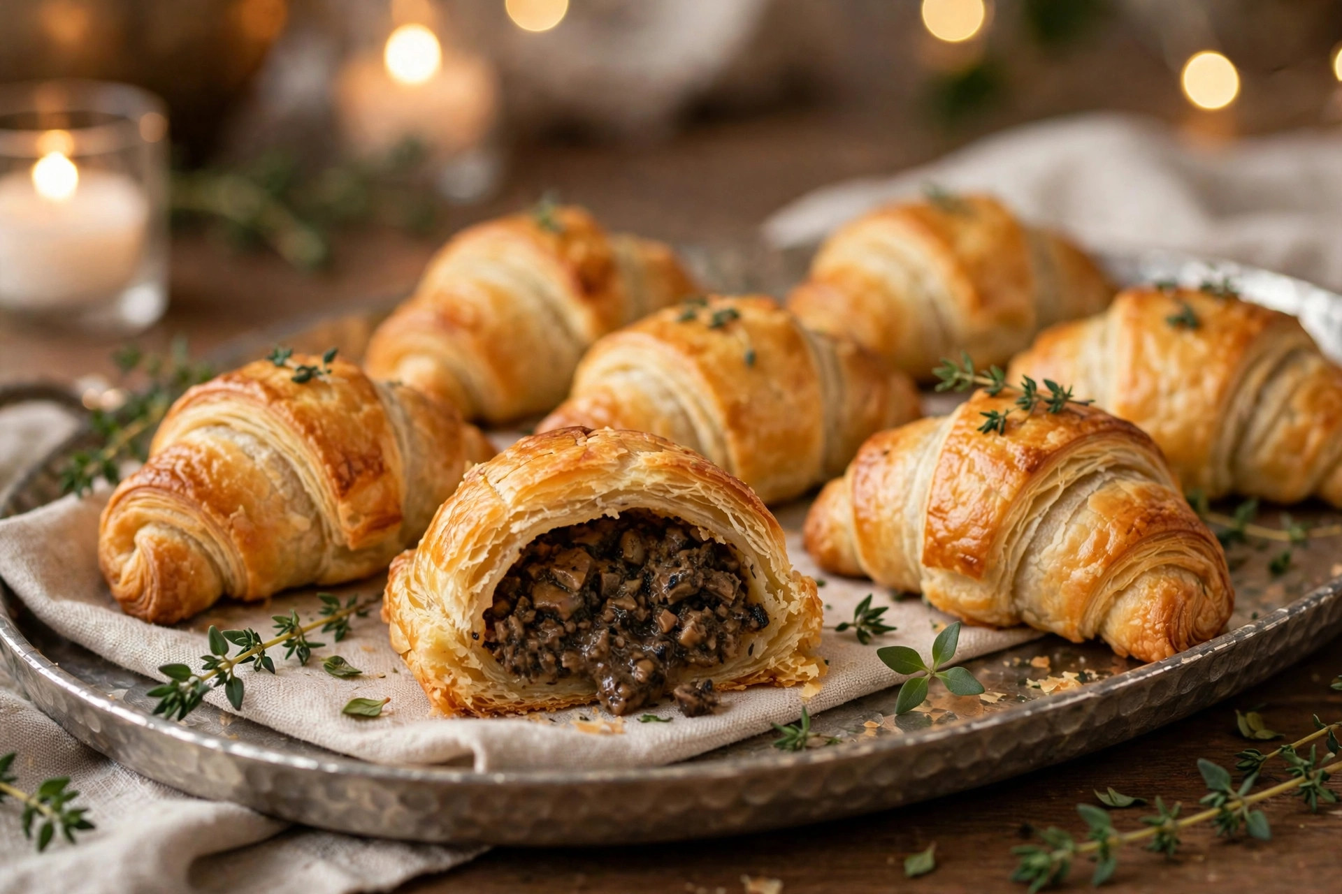 Golden mushroom mini Wellington crescent bites with herbs on serving tray