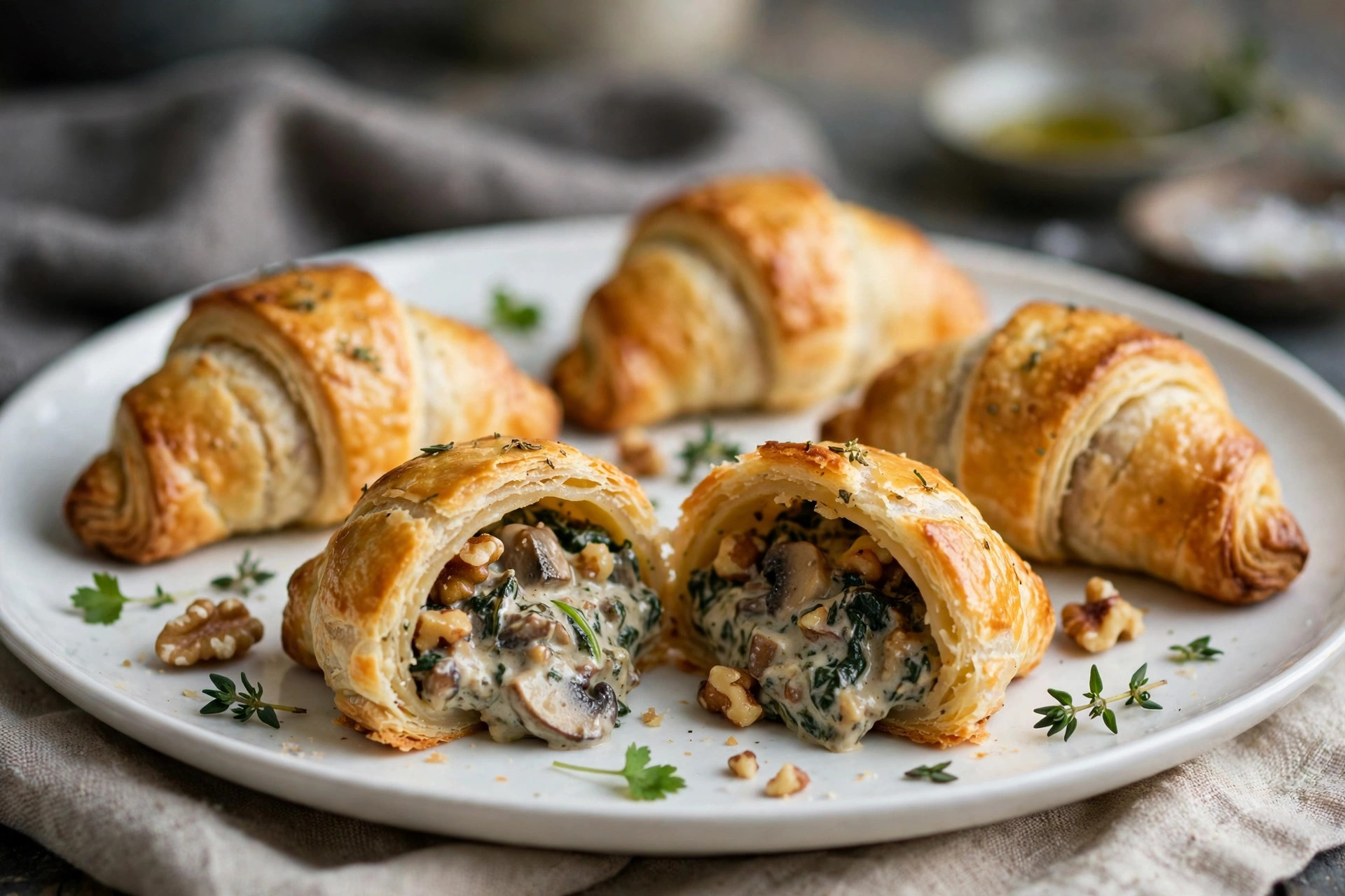 Golden mushroom mini Wellington crescent bites with herbs on serving tray