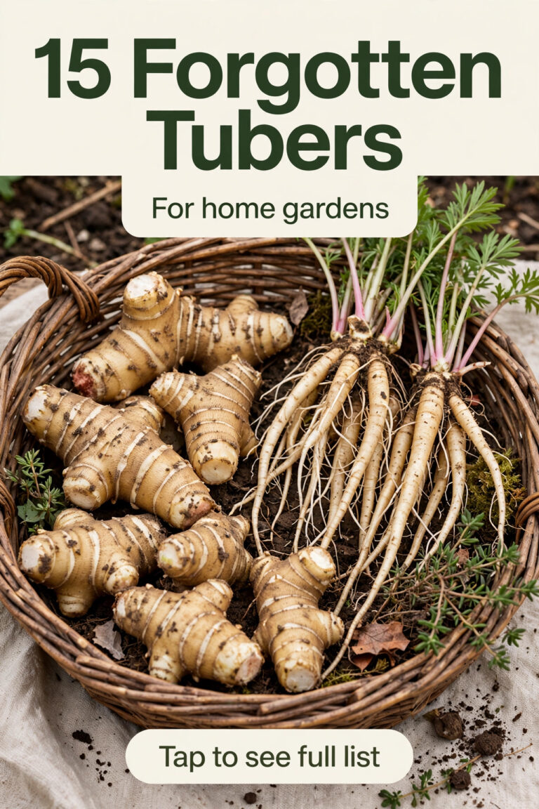 A wooden board of forgotten tubers, including sunchokes, skirret, oca and purple potatoes, freshly harvested from a home garden