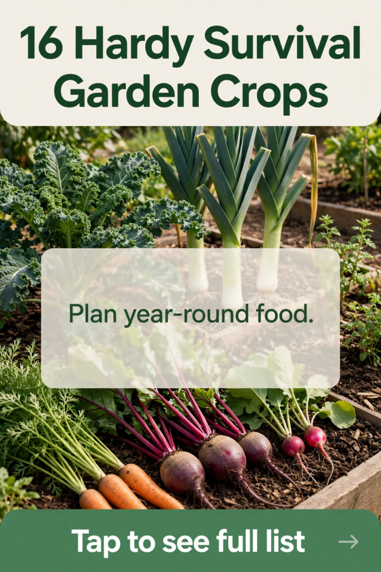 A hardy winter survival garden with kale, leeks, cabbages and root crops growing in raised beds under a cold sky
