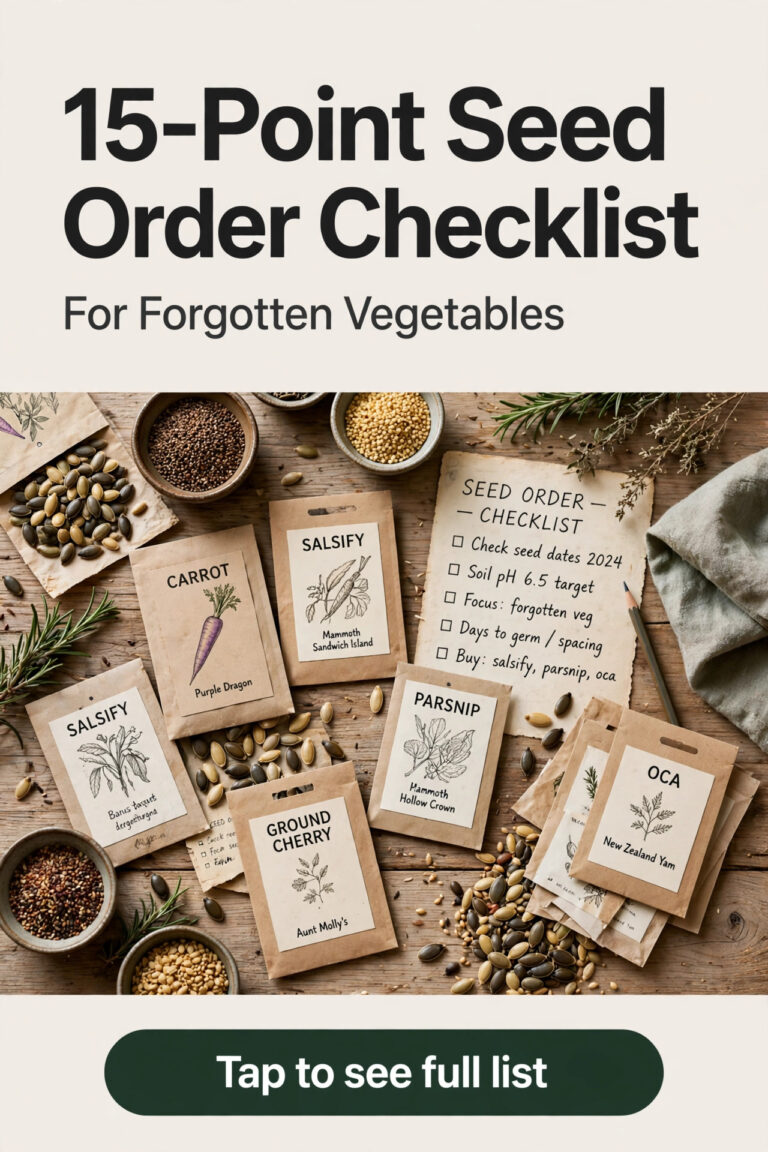 A gardener's seed order checklist with packets of forgotten vegetable seed, a notebook and a garden bed plan on a wooden table