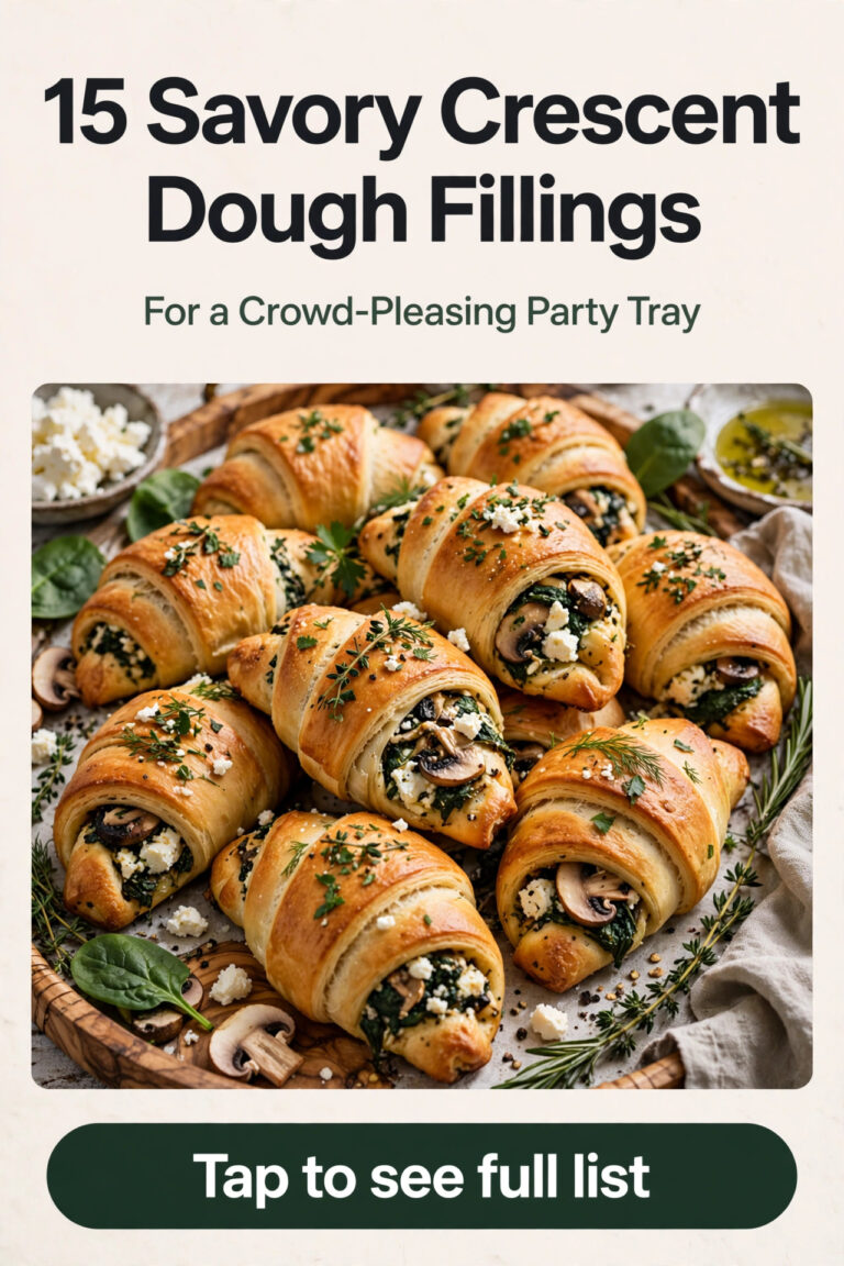 Savory vegetarian crescent dough party tray with golden rolls dips and fresh herbs