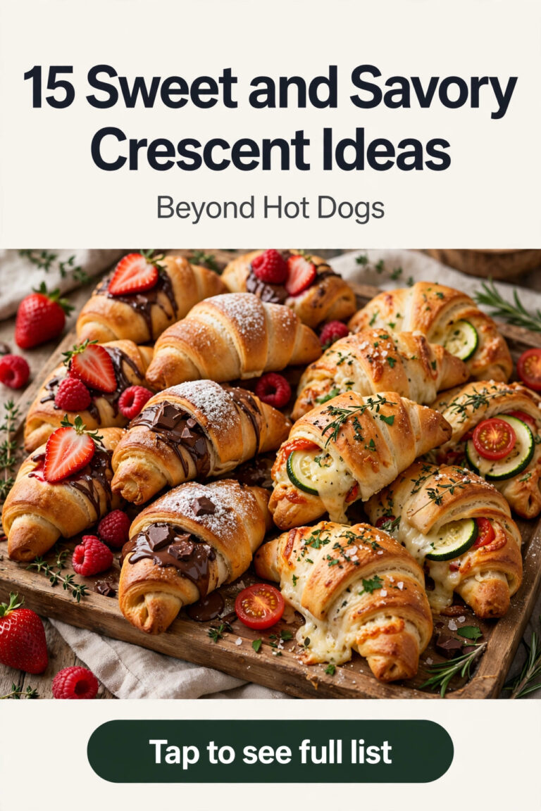 Sweet and savory crescent dough rolls with chocolate fruit cheese herbs on tray