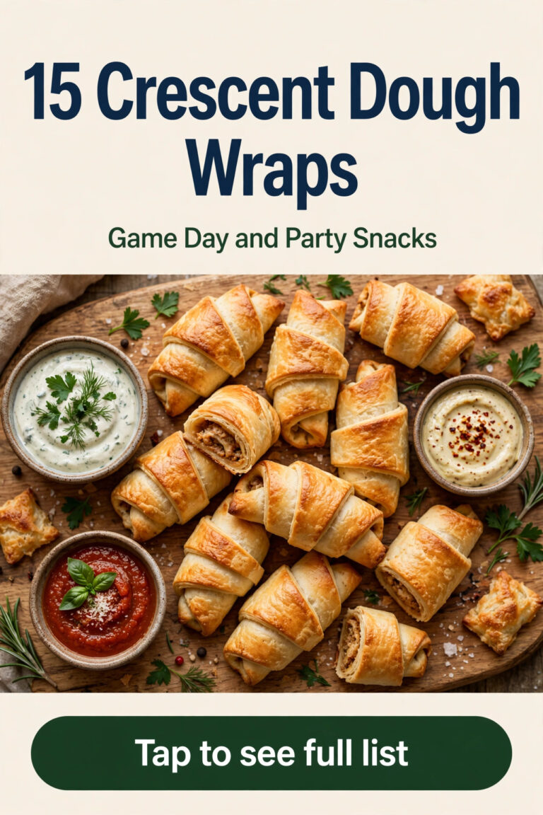 Game day crescent dough wraps with dips cheese vegetables on party table